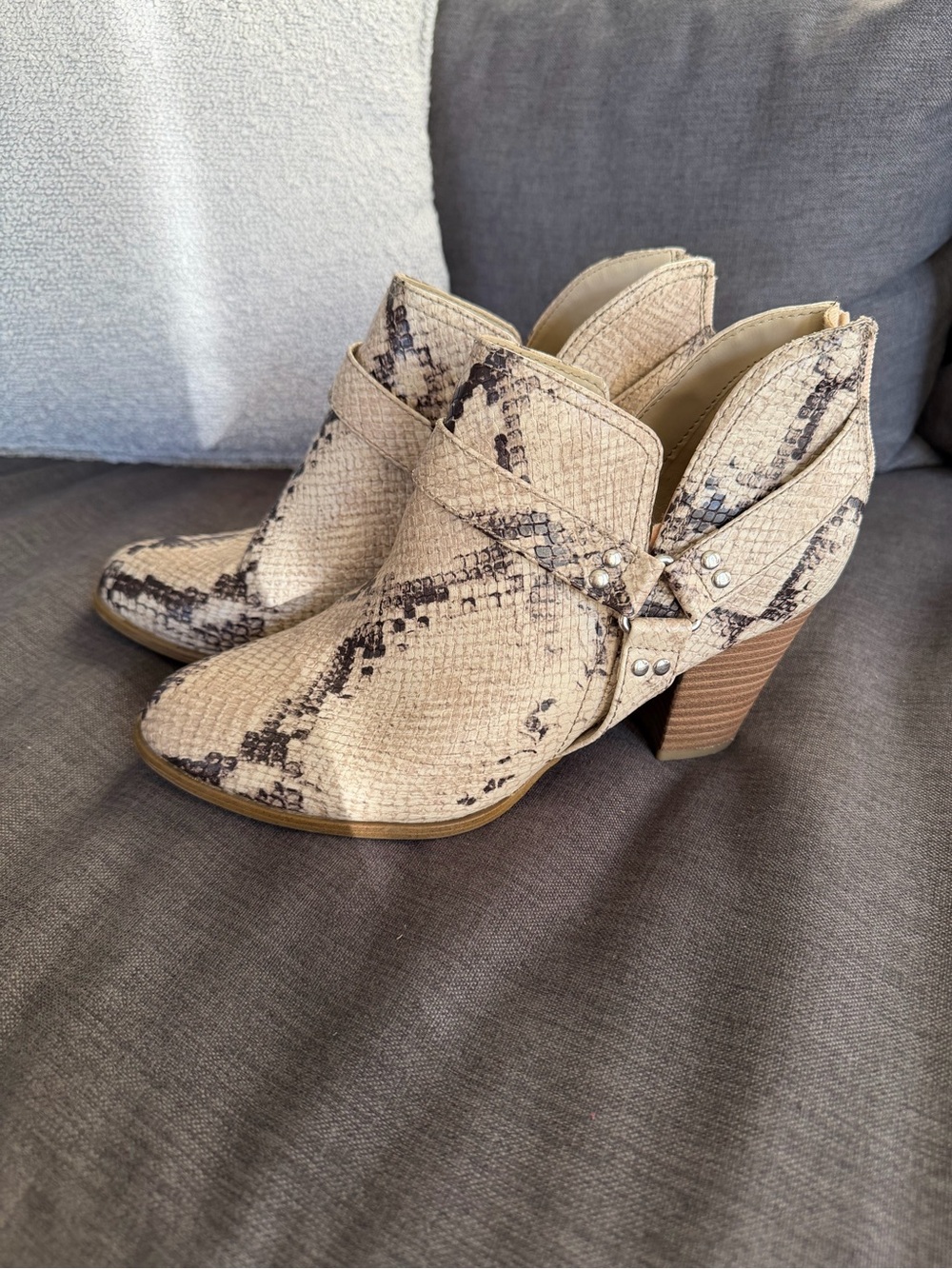 Fergalicious Beige Snake-Print Ankle Booties